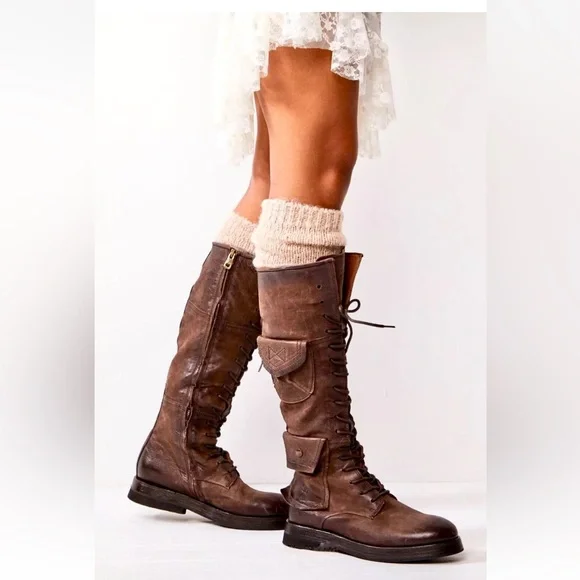 Free People A.S.98 Elisa Tall Lace Boot Fondente Brown Distress Leather - Picture 3 of 12